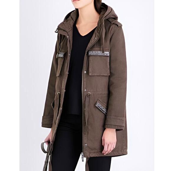 The Kooples Longline Cotton Utility Parka Coat Jacket Khaki Brown Size 2 - Picture 1 of 10